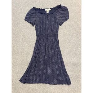HM LOGG Navy Blue Floral Smocked Waist Ruffle‎ Neck Puff Sleeve Dress Womens 6